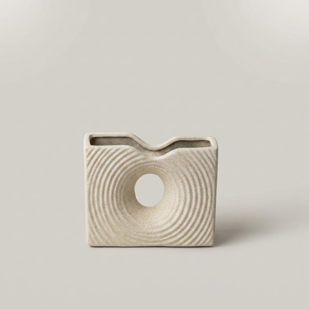 White Ceramic Textured Flower Vase (Rippled, Donut) By Zodiya