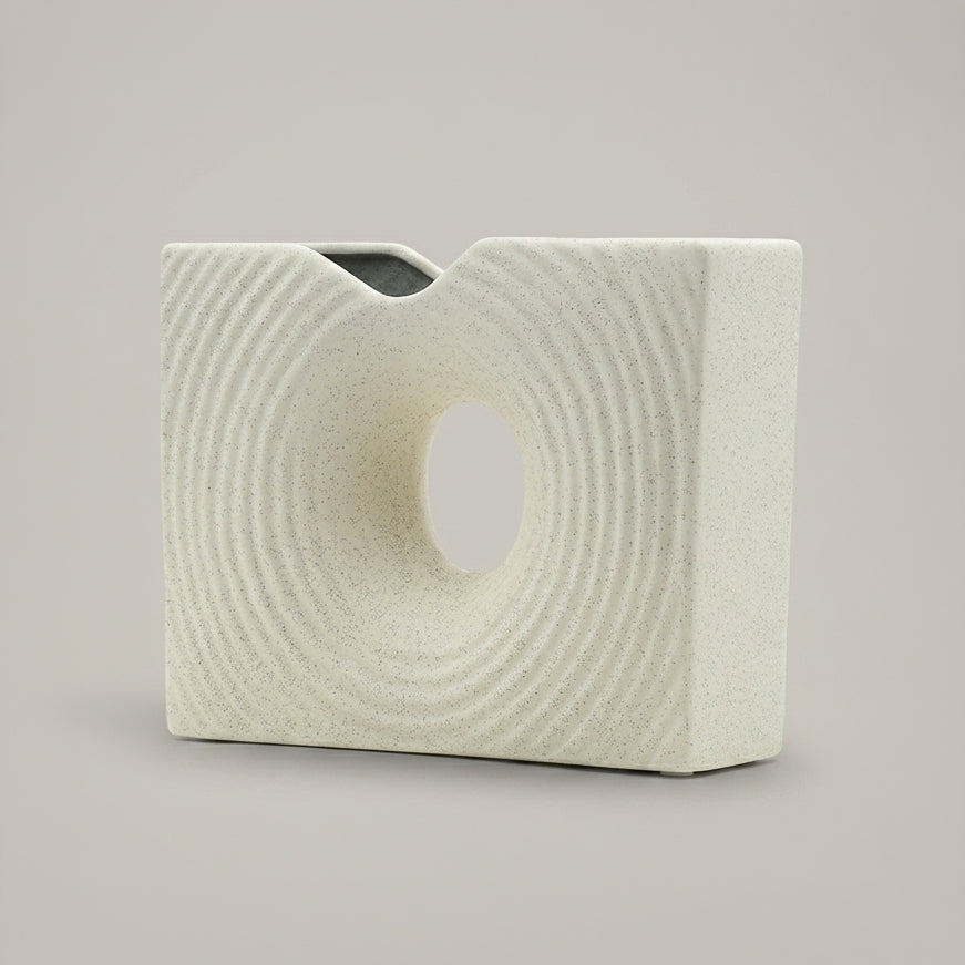 White Ceramic Textured Flower Vase( Rippled, Donut) By Zodiya