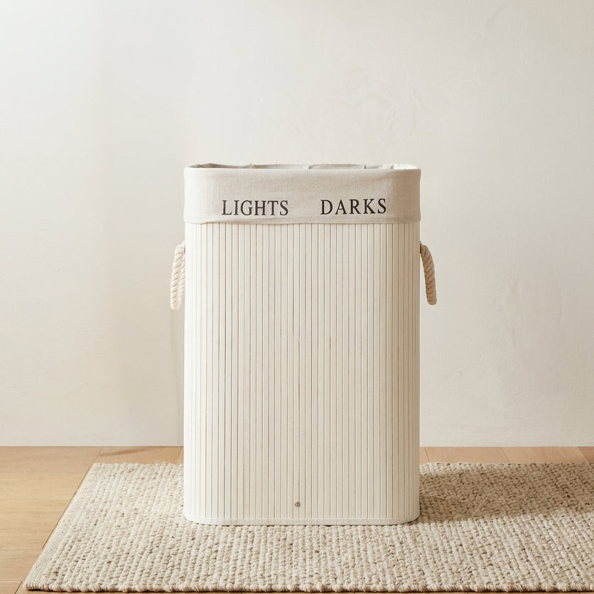 White Slatted Laundry Basket with Lid, Compartments by Zodiya
