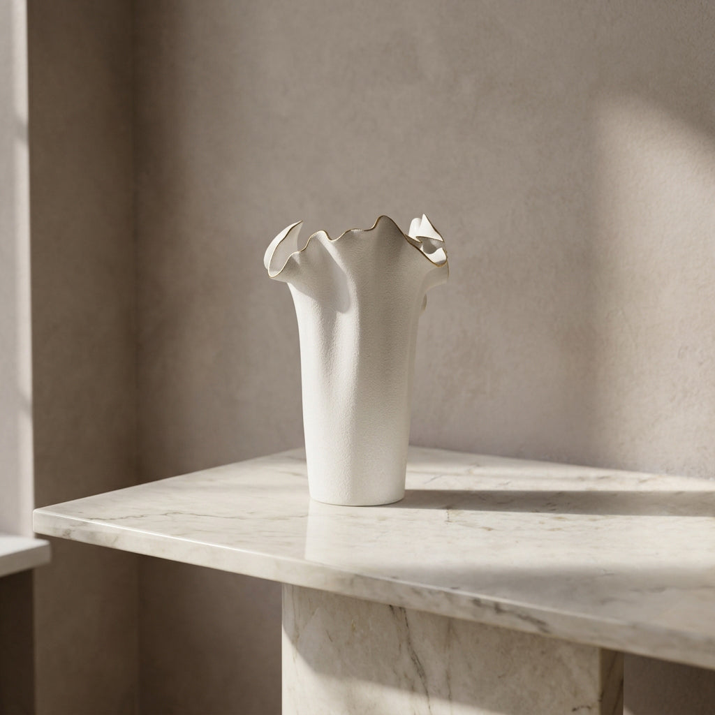 White and Gold Border Ceramic Vase by Zodiya