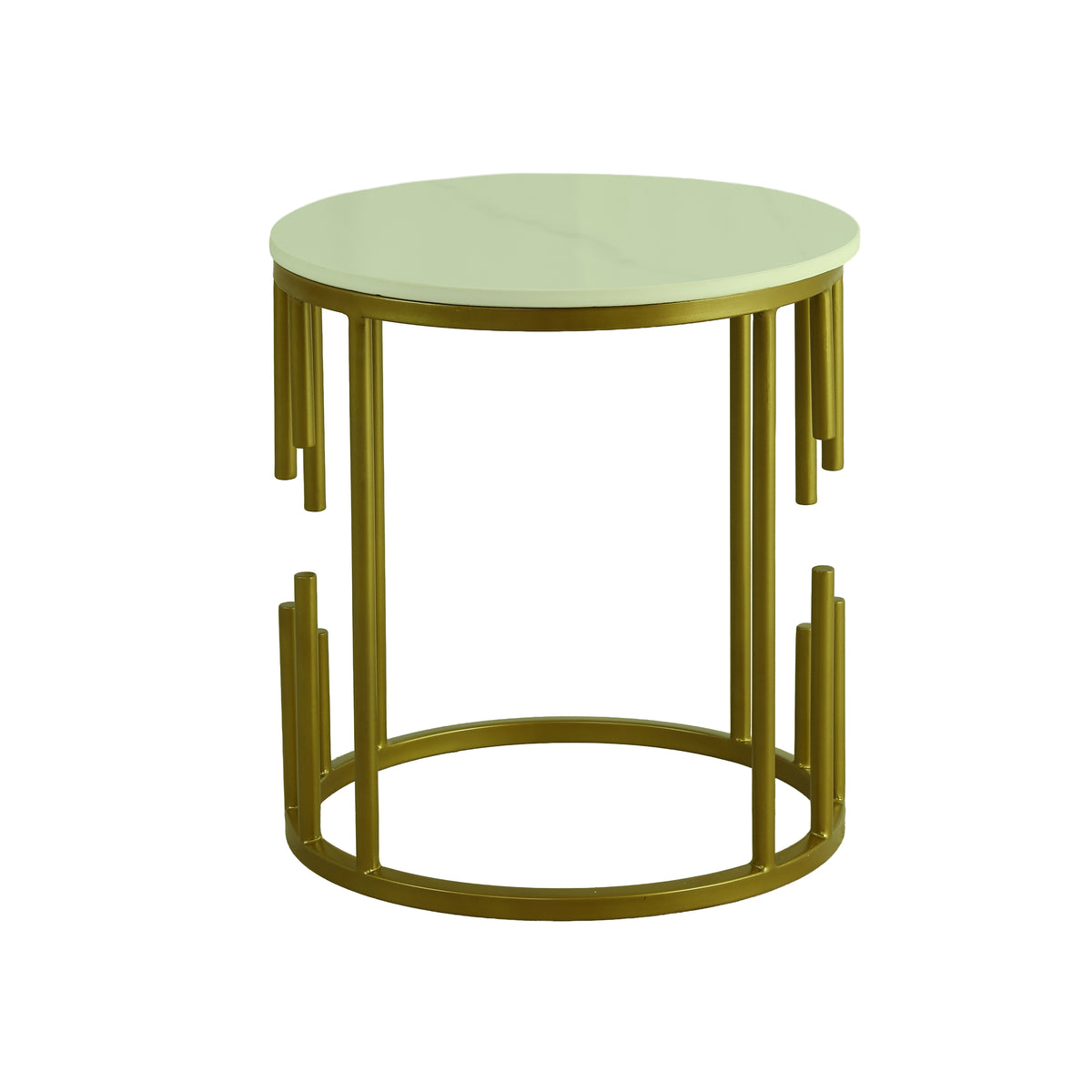 White Marble Side Table Slatted Gold Drum Base by Zodiya