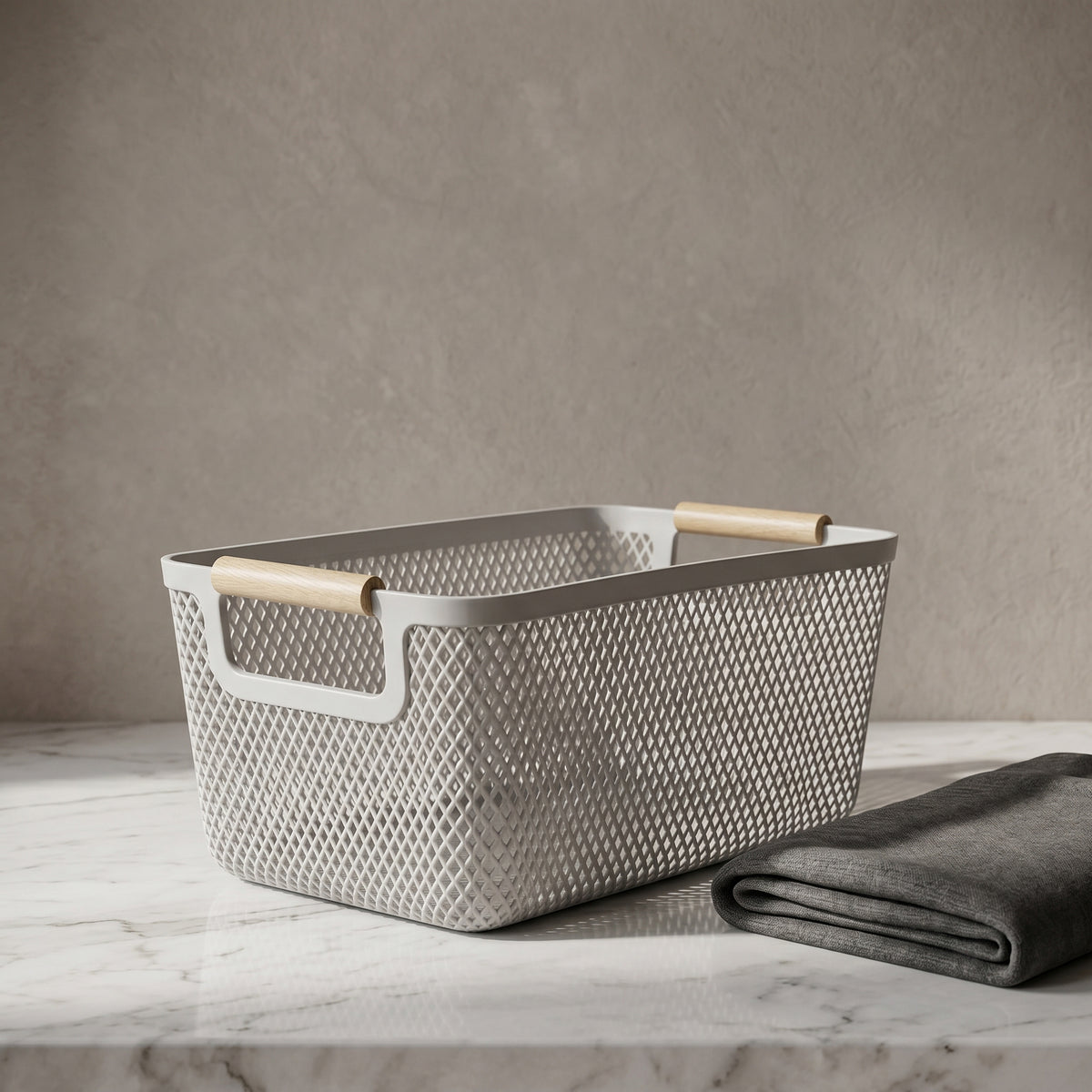 Grey Multipurpose Storage Basket with Wooden Handle by Zodiya