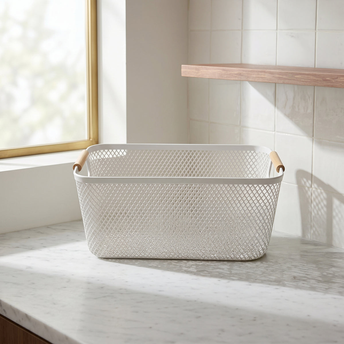 White Multipurpose Storage Basket with wooden Handle by Zodiya