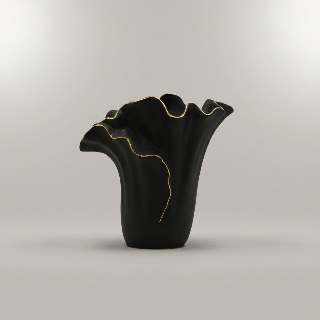 Small Black Ceramic Flower Vase ( Gold Border) by Zodiya