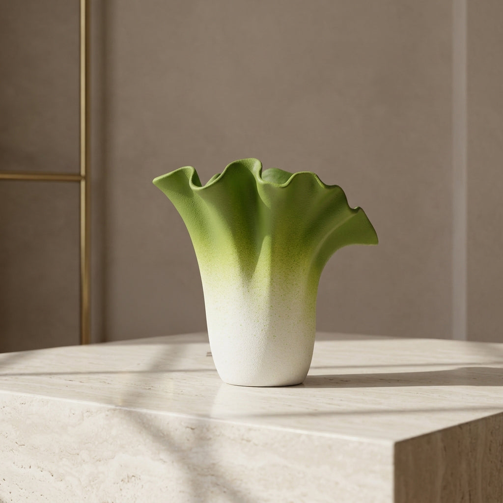 Green and White Ceramic Flower Vase ( Leafy Vase) by Zodiya