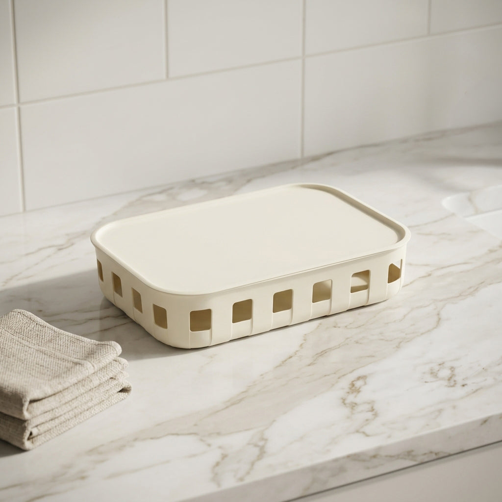 Cream Plastic Storage Box with Lid By Zodiya
