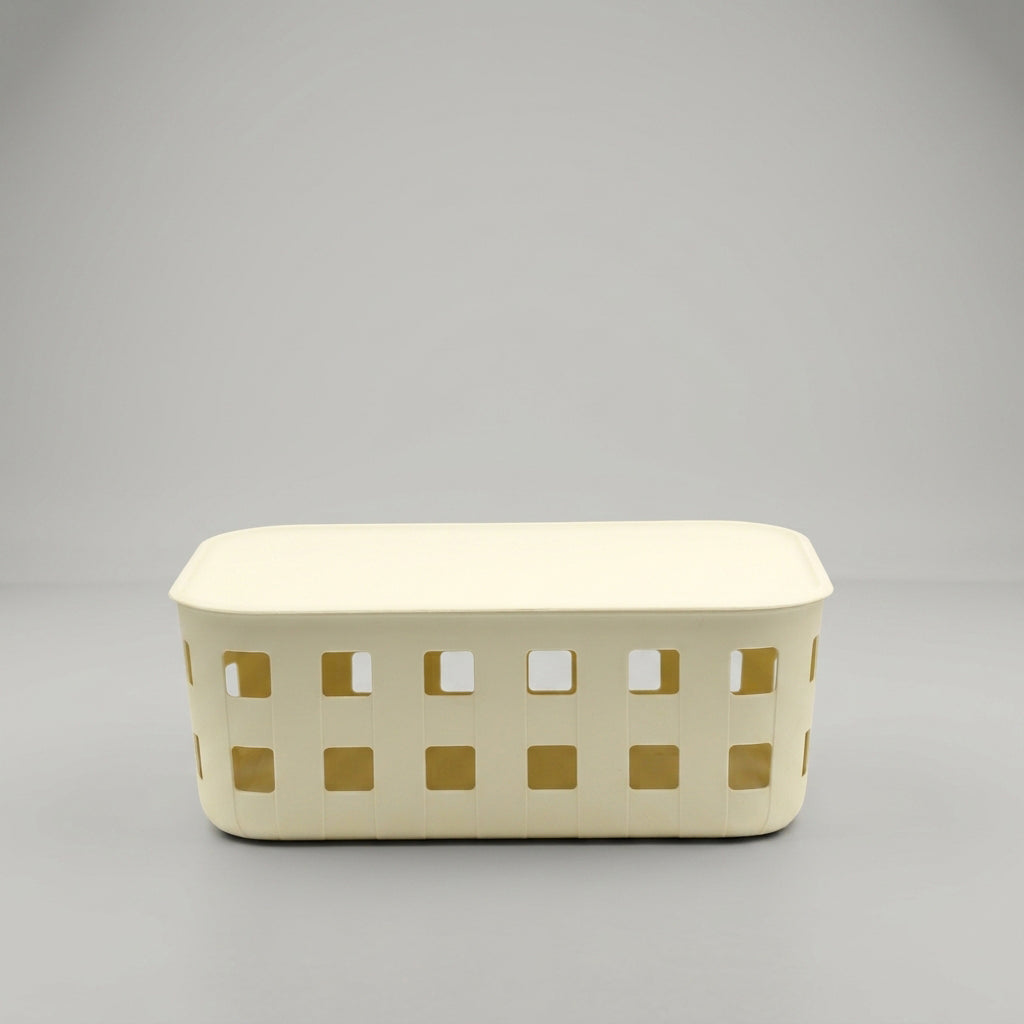 Cream Plastic Storage Box With Lid  (small) By Zodiya