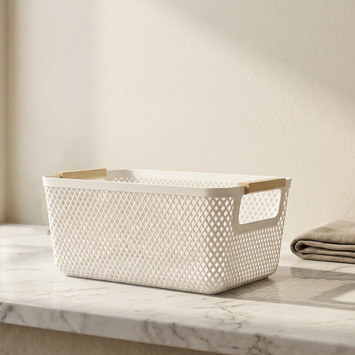 White Small Mesh Plastic Storage Basket By Zodiya