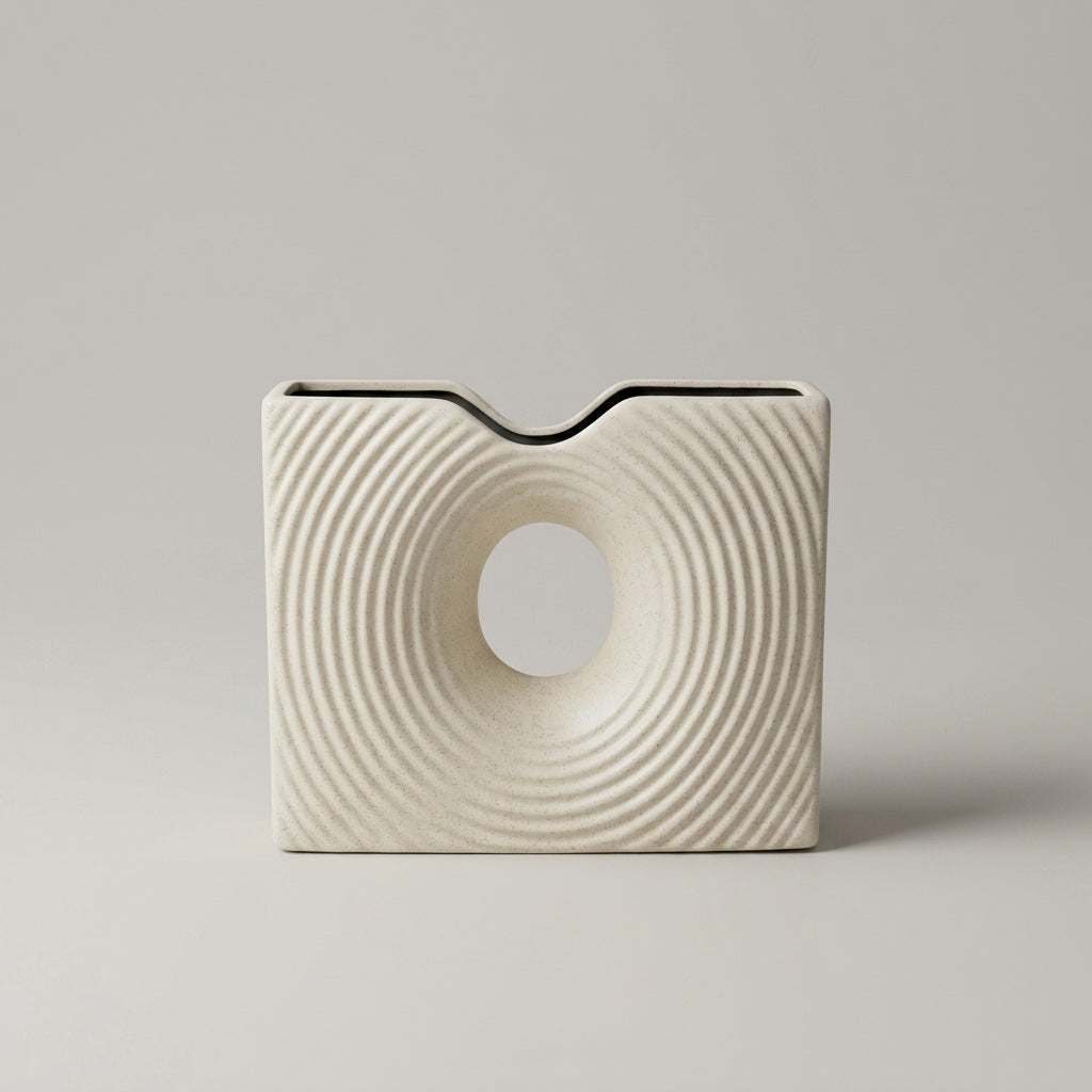 Off-White Square Ceramic Flower Vase (Center Hollow) By Zodiya