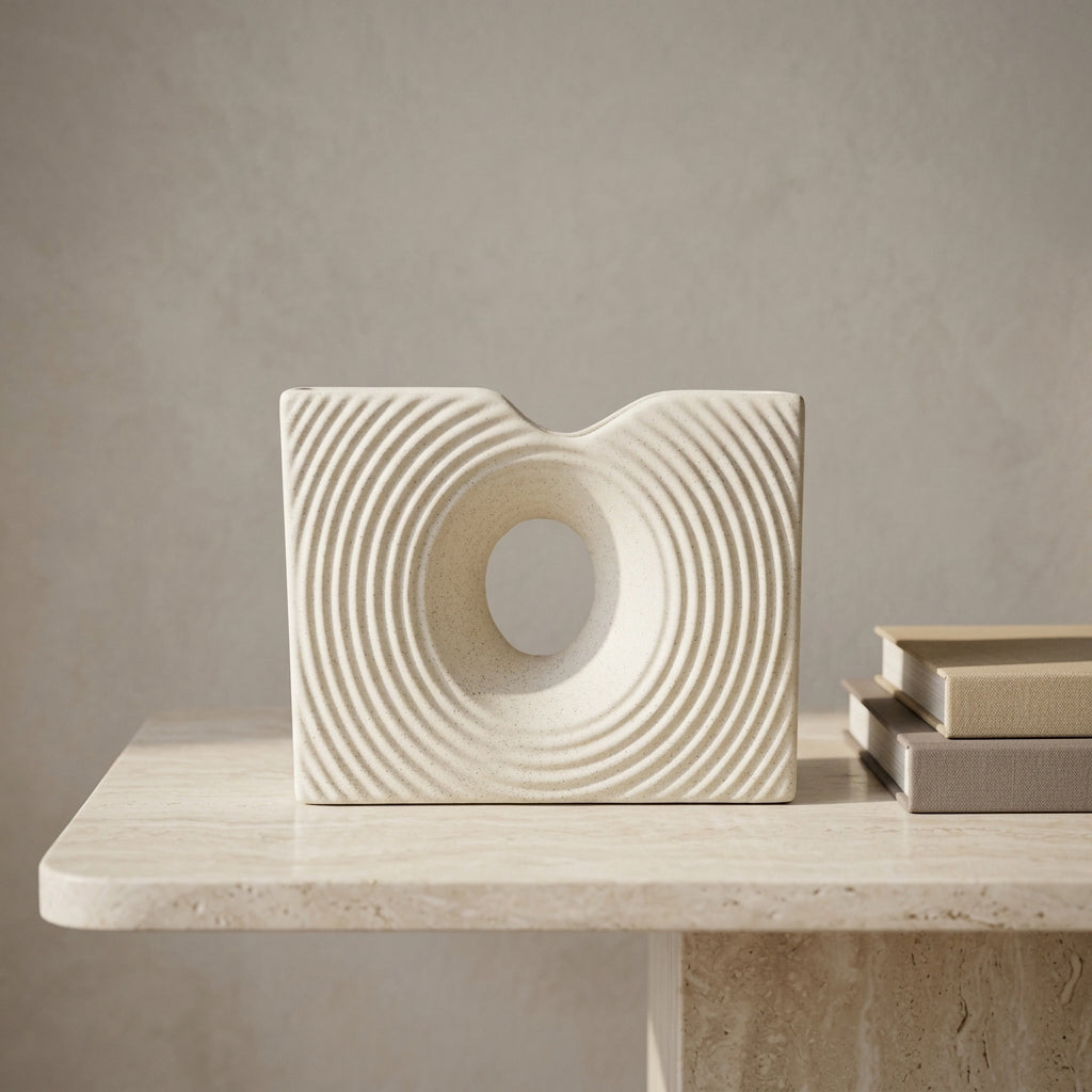 White Ceramic Textured Flower Vase( Rippled, Donut) By Zodiya