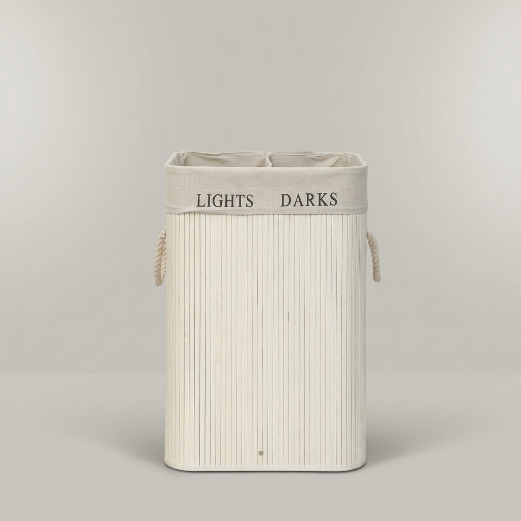 White Slatted Laundry Basket with Lid, Compartments by Zodiya
