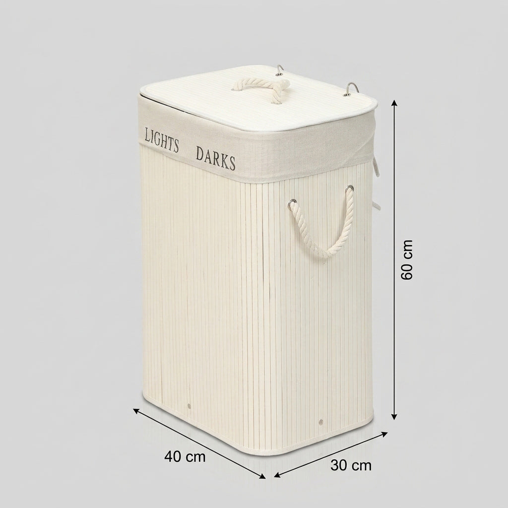 White Slatted Laundry Basket with Lid, Compartments by Zodiya