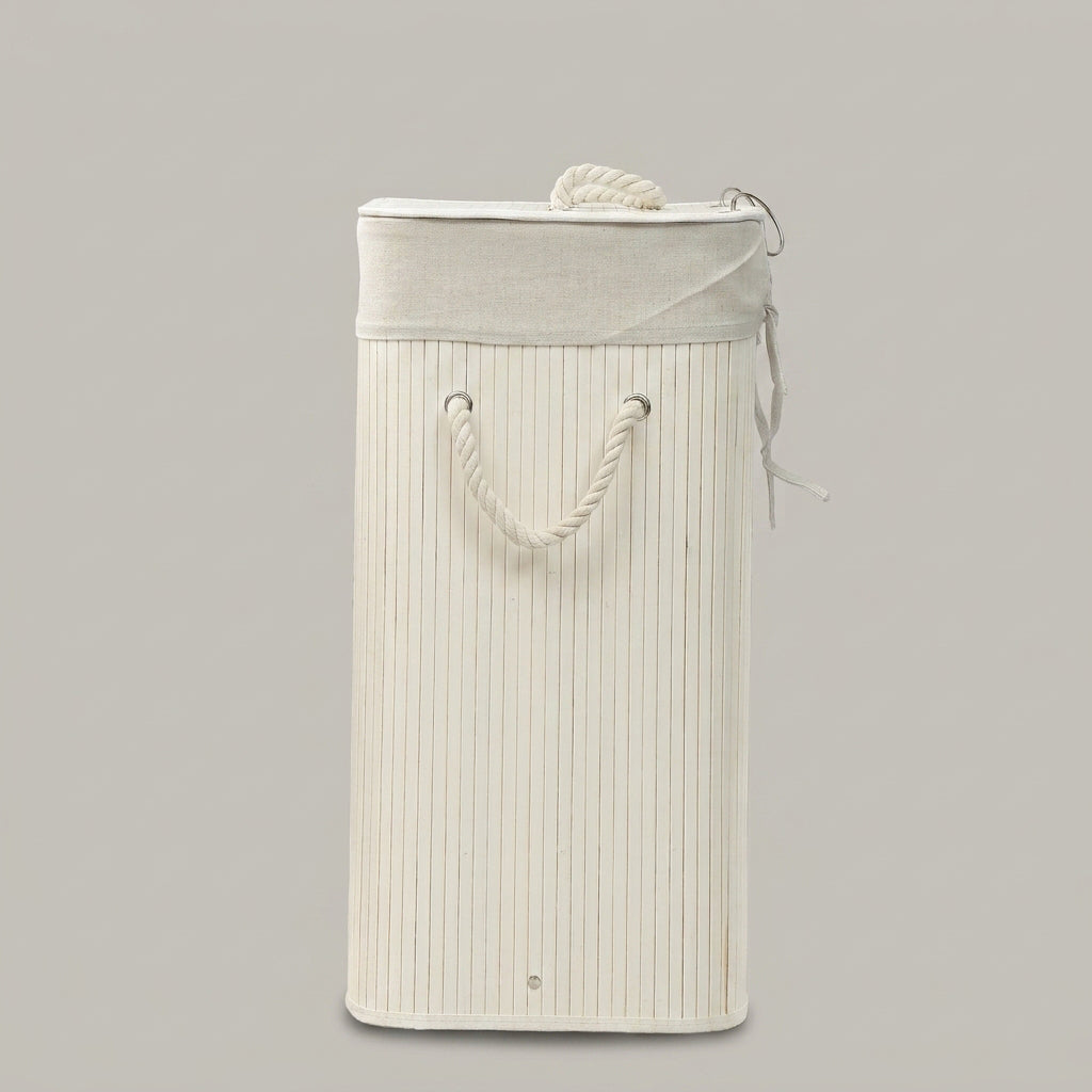 White Slatted Laundry Basket with Lid, Compartments by Zodiya