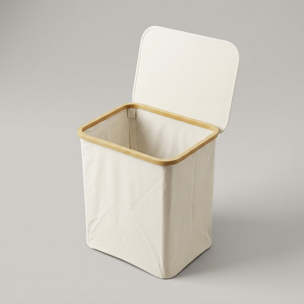 Small Cream Canvas Laundry Basket with Lid by Zodiya