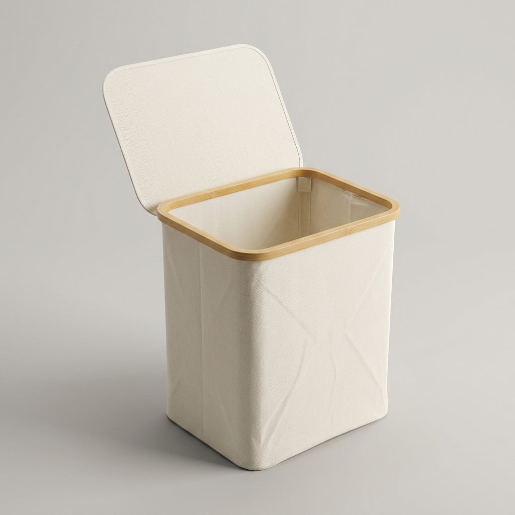 Small Cream Canvas Laundry Basket with Lid by Zodiya