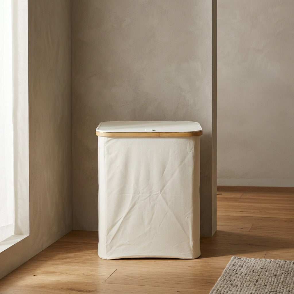 Small Cream Canvas Laundry Basket with Lid by Zodiya
