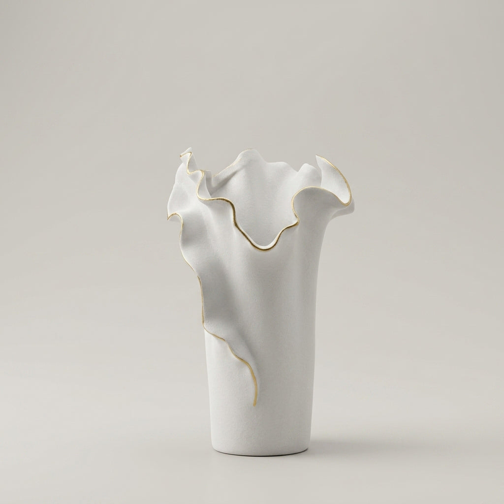 White and Gold Border Ceramic Vase by Zodiya