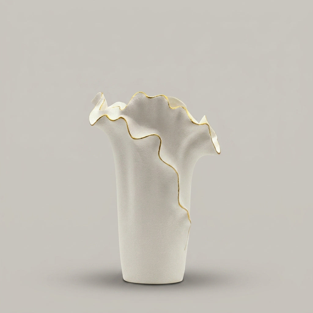 White and Gold Border Ceramic Vase by Zodiya