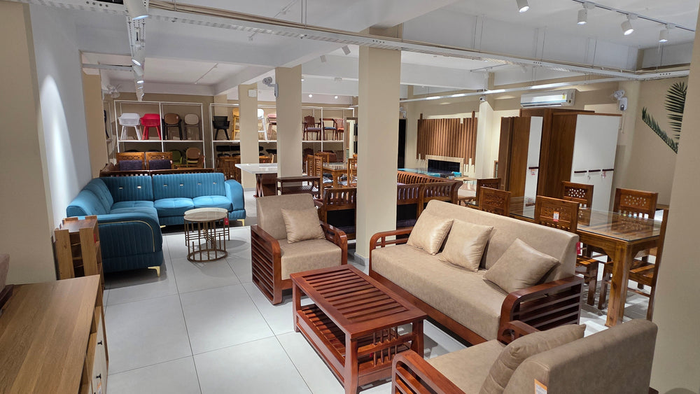 Sofa display floor at Zodiya furniture showroom, Mukkam