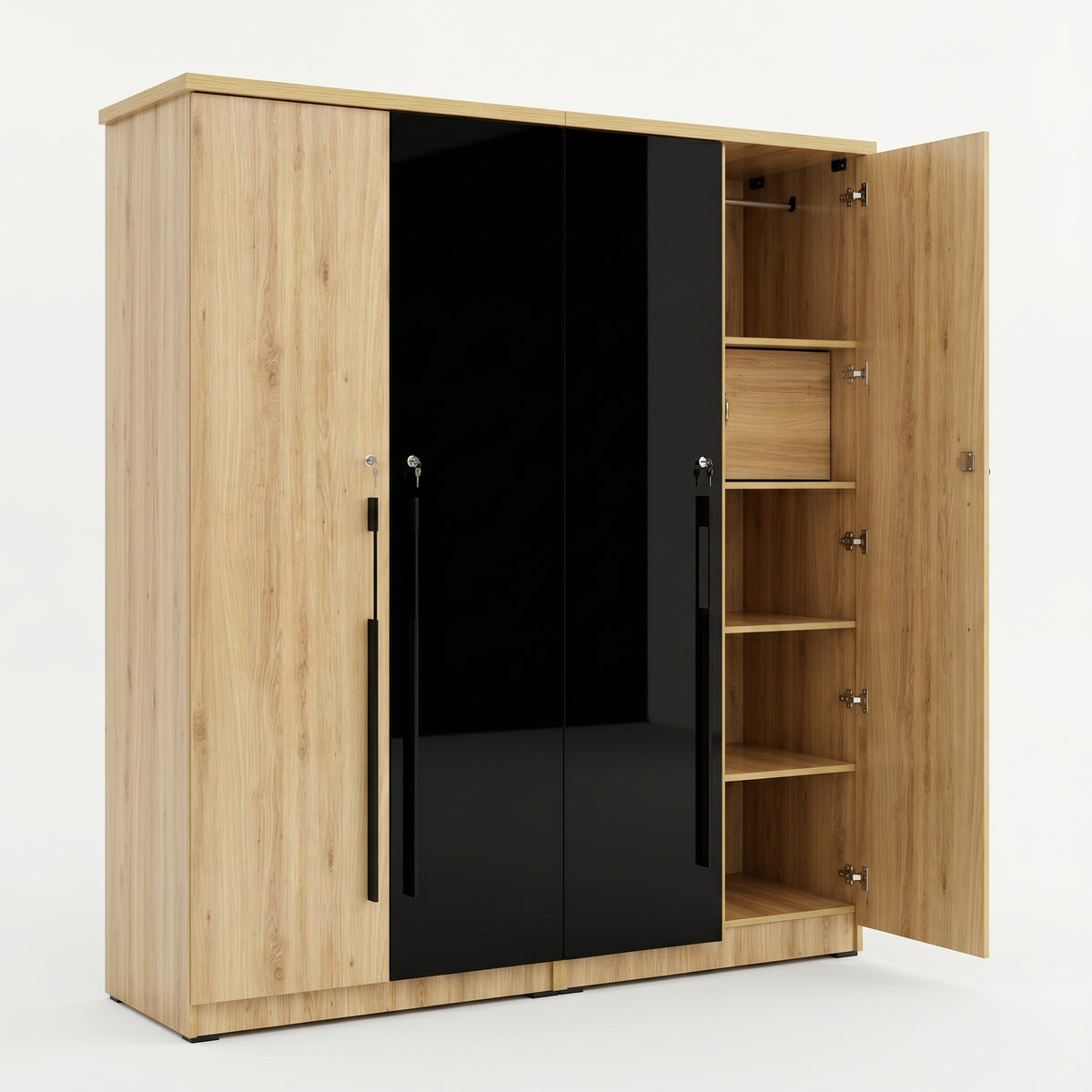 Zayn Engineered Wood 4 Door Wardrobe with 2 Black Doors By Zodiya