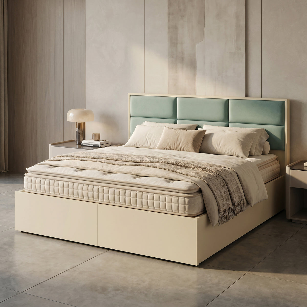 MAKWA Green Engineered Wood Queen Size Bed with Storage by Zodiya