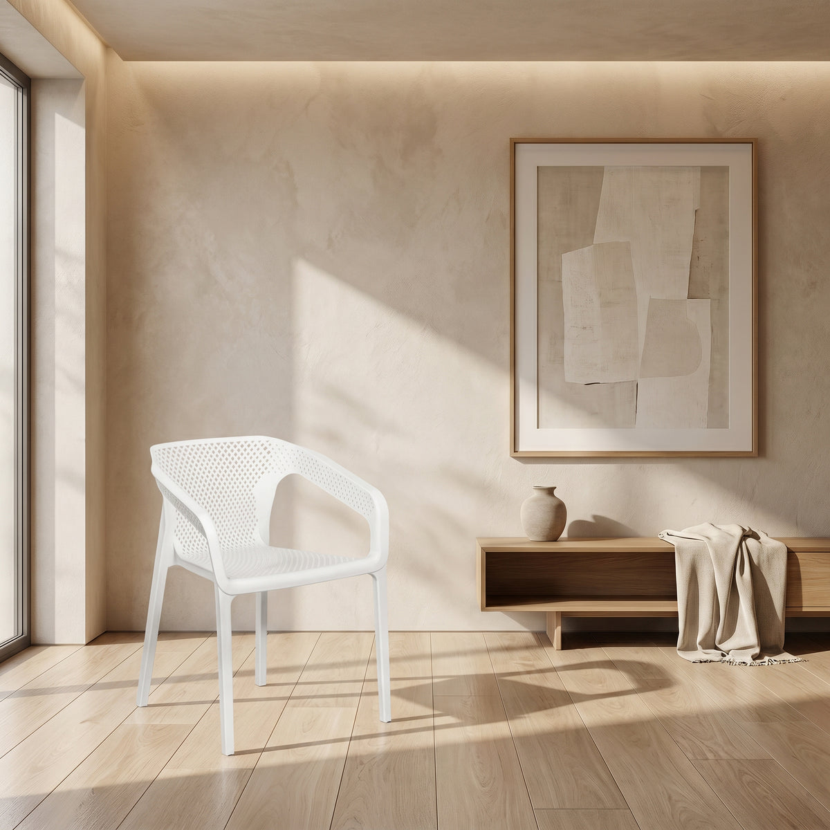 Cube White Outdoor Plastic Dining Chair with Armrests by Zodiya