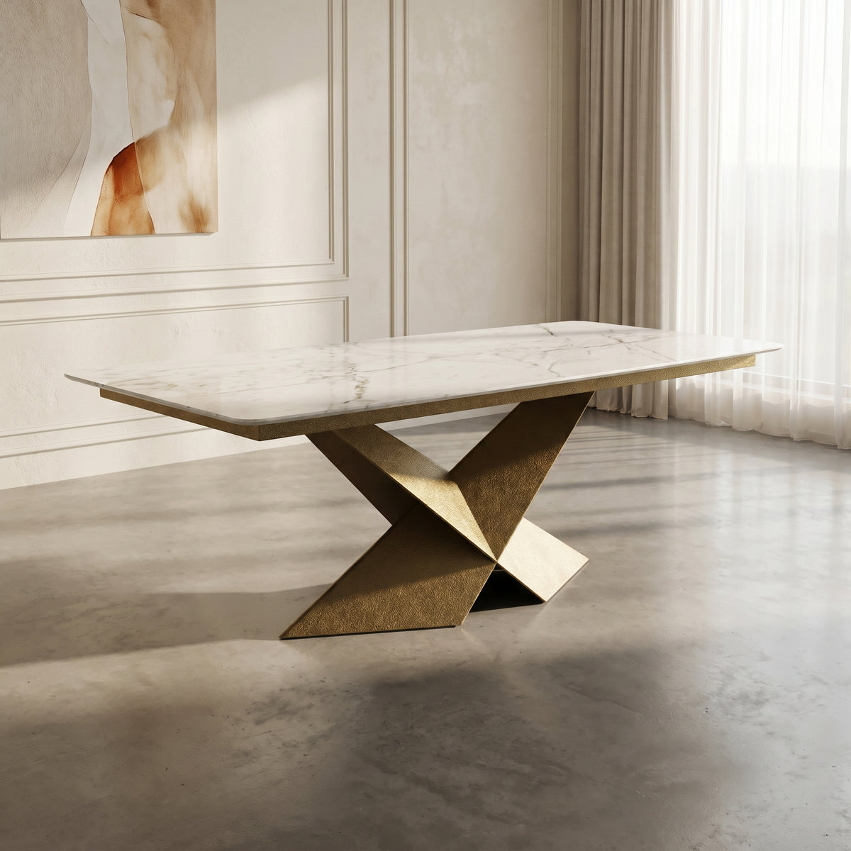 Square Cream Marble Dining Table with Bronze Base by Zodiya