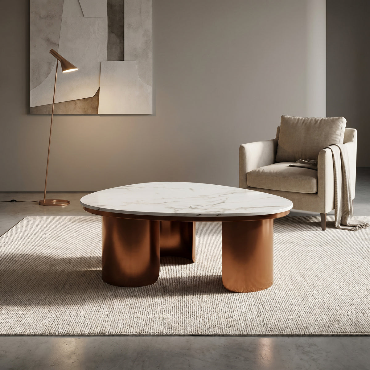 Triangular White Marble Coffee Table with Bronze Legs by Zodiya
