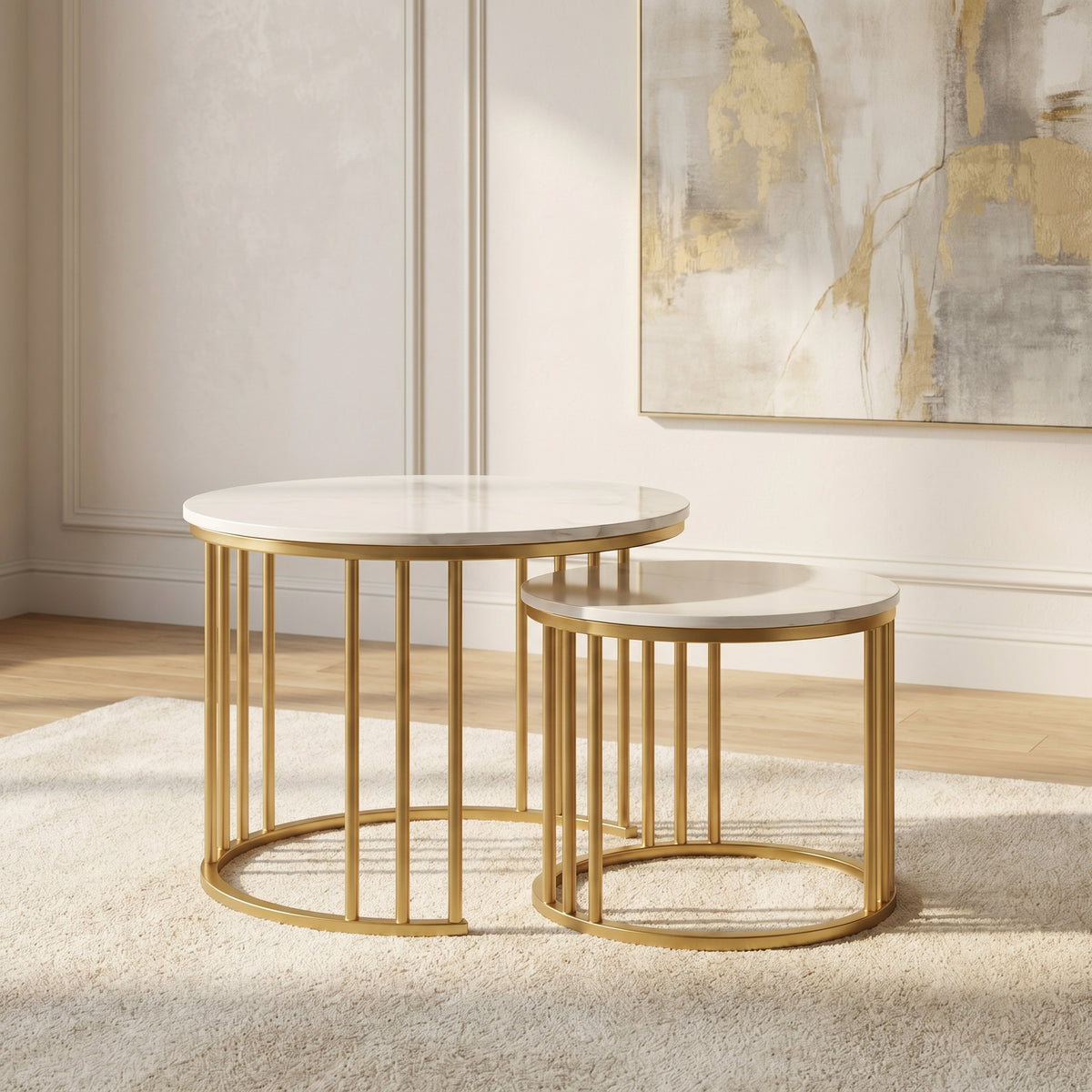 Round Marble Nesting Coffee Tables (Set of 2, Gold) by Zodiya