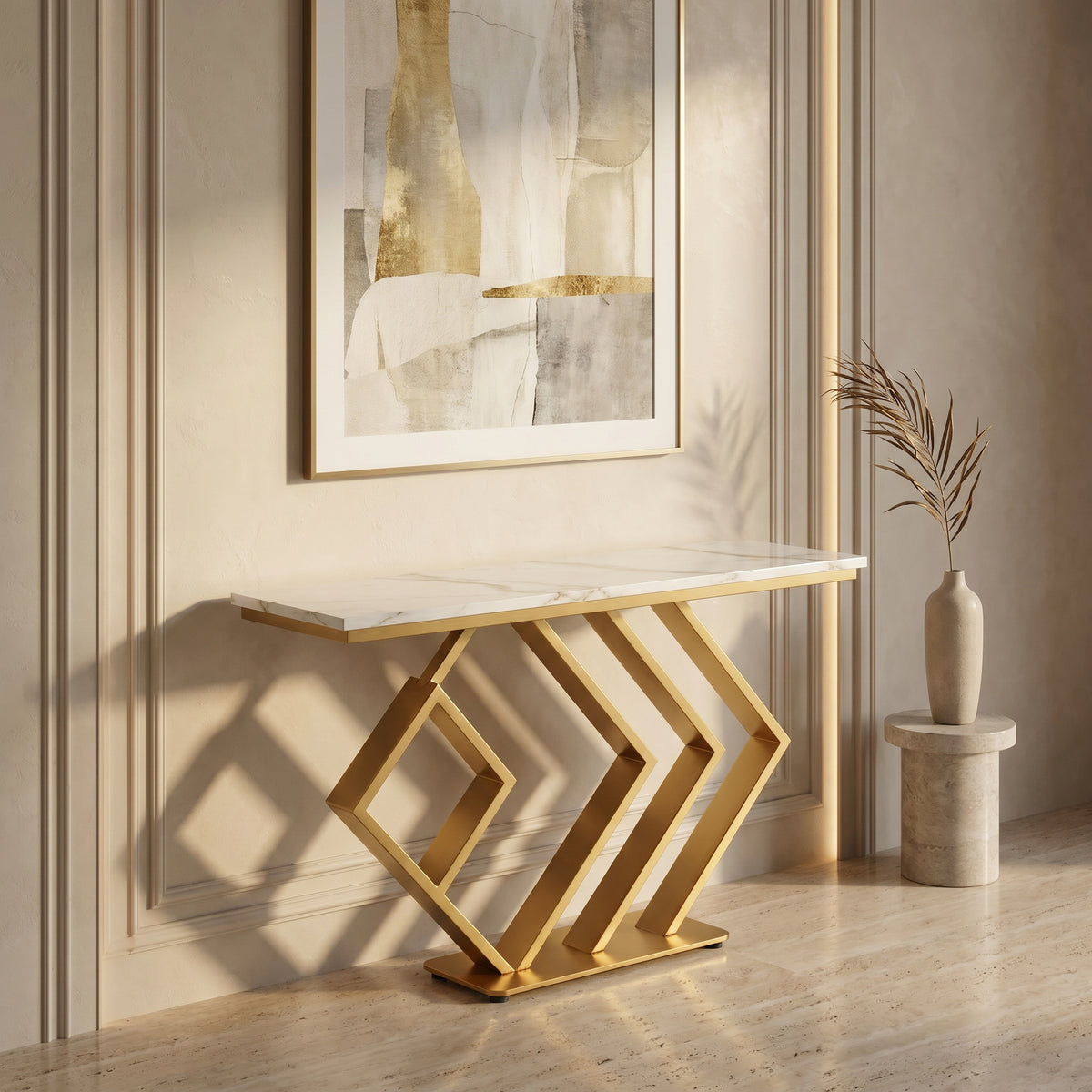 White Marble Console Table with Gold Geometric Base by Zodiya