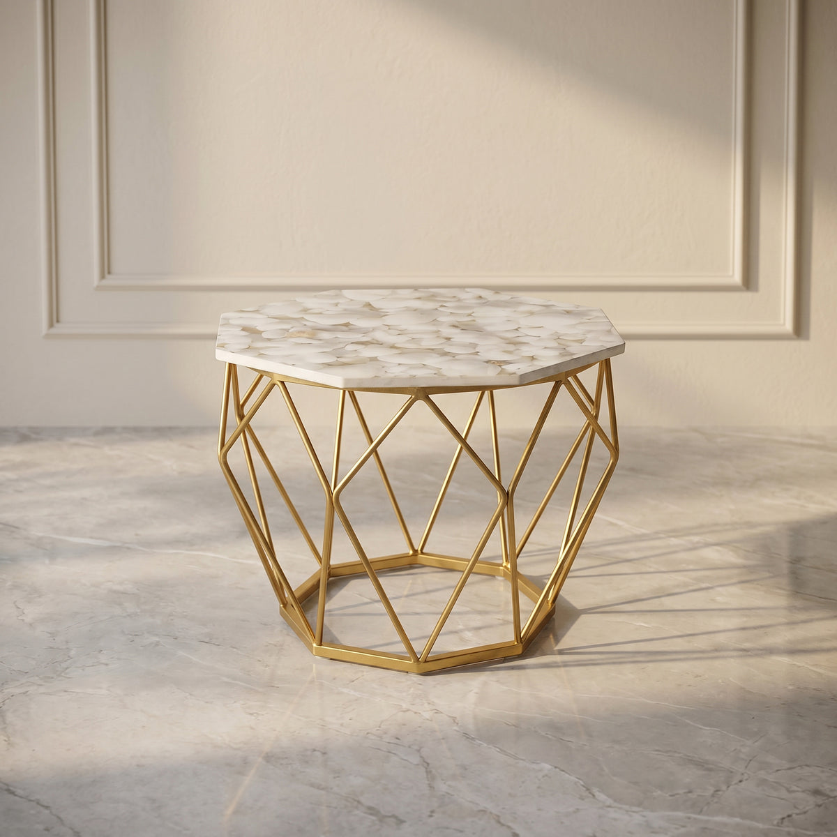 Hexagonal Marble Top Coffee table with Gold Geometric Base by Zodiya