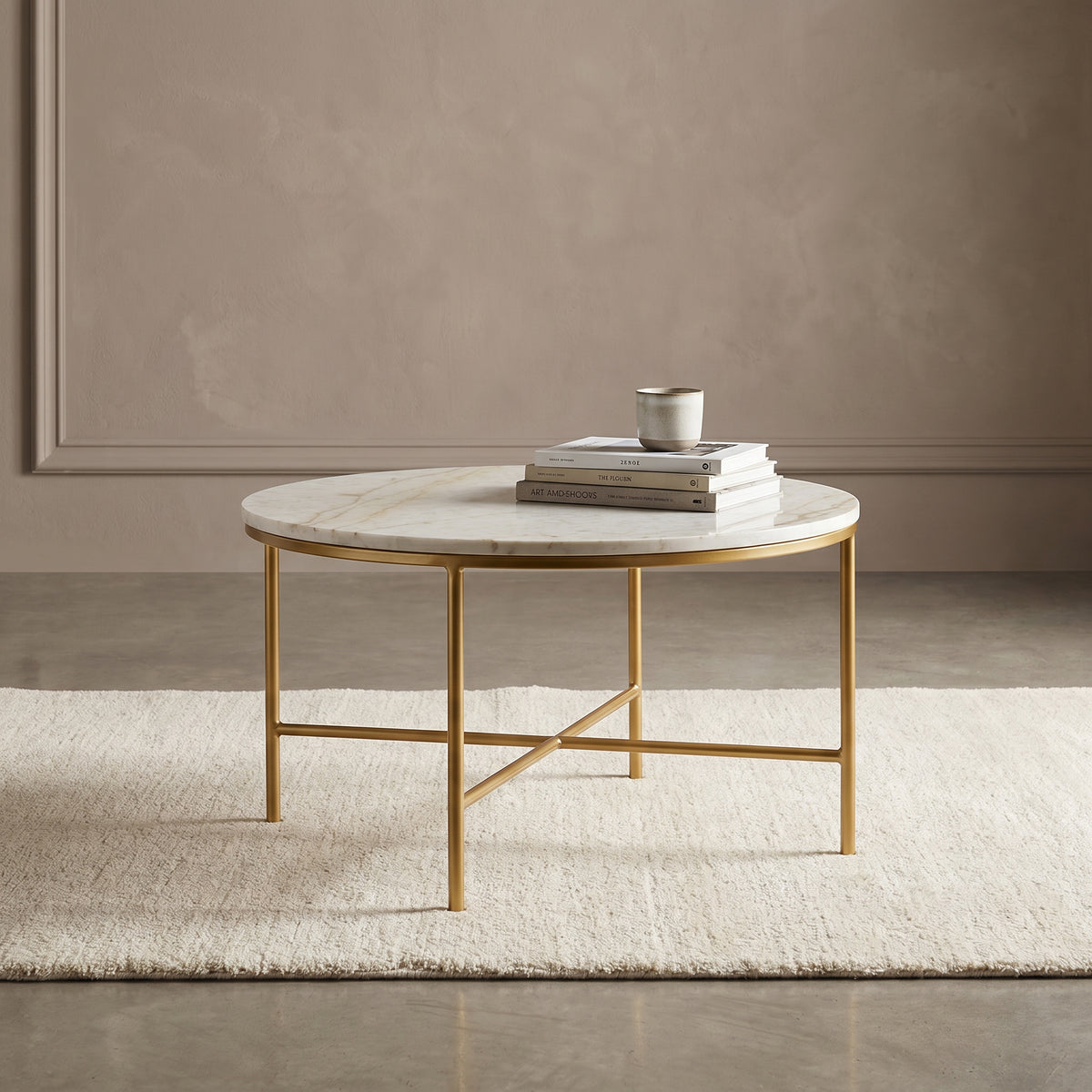 White Marble Coffee Table with Gold Crossbase Frame by Zodiya