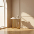 White Marble Side Table Slatted Gold Drum Base by Zodiya