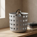 Grey Flexible Plastic Laundry Basket with Leather Handles By Zodiya
