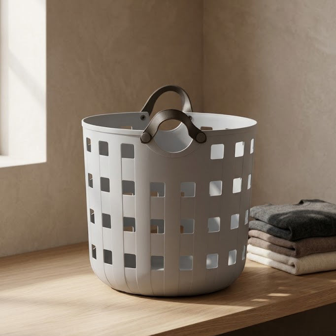 Grey Flexible Plastic Laundry Basket with Leather Handles By Zodiya