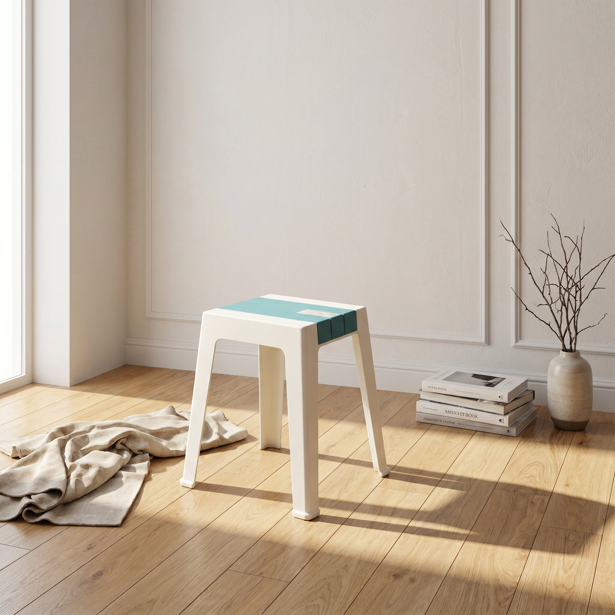 White Plastic Stool with Blue Top By Zodiya