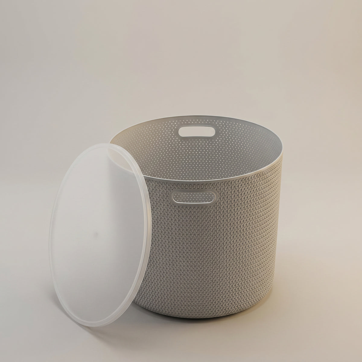 Grey Round Plastic Multipurpose Storage Basket with Lid by Zodiya