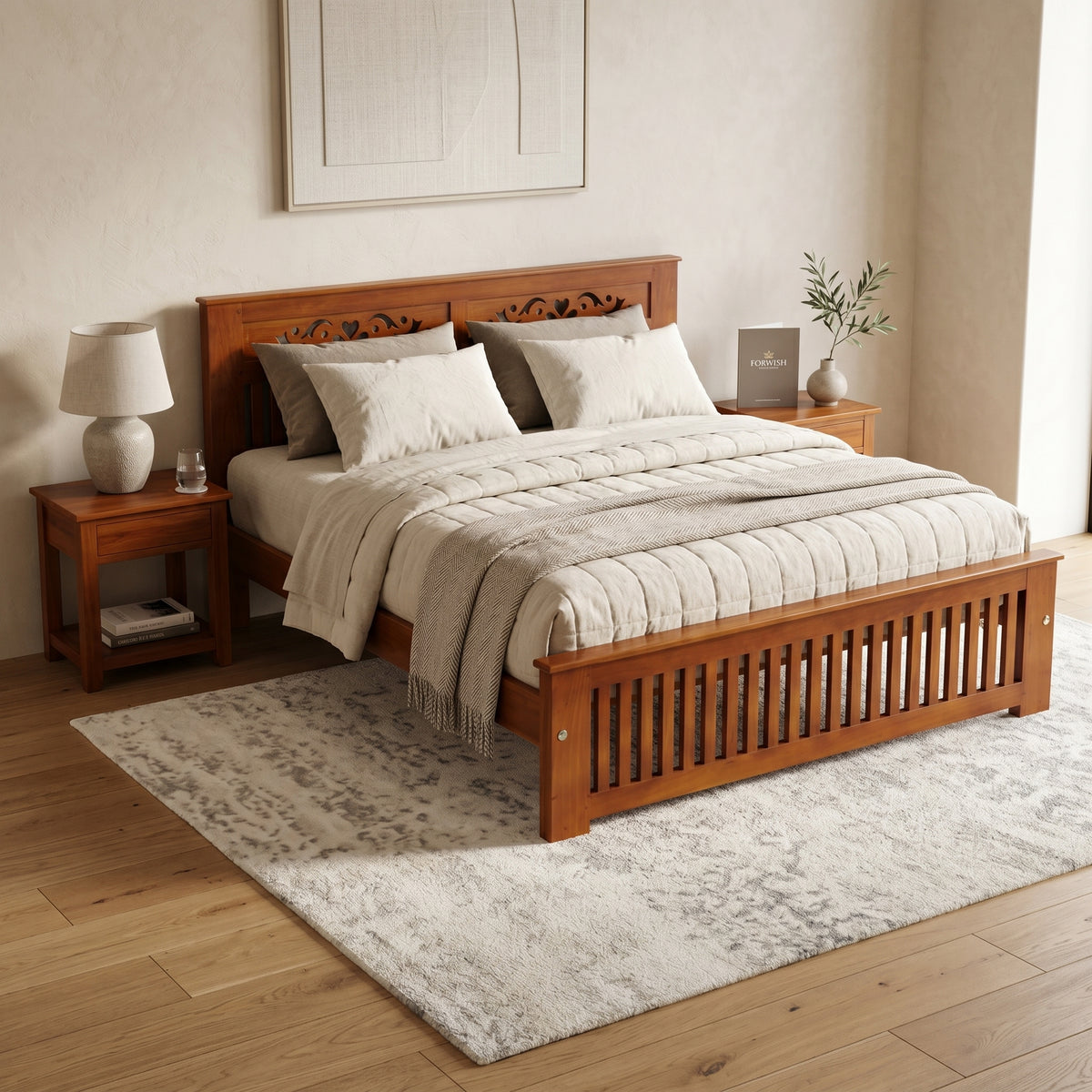 Teak Wood King Size Bed ( Carved Headboard) By Zodiya
