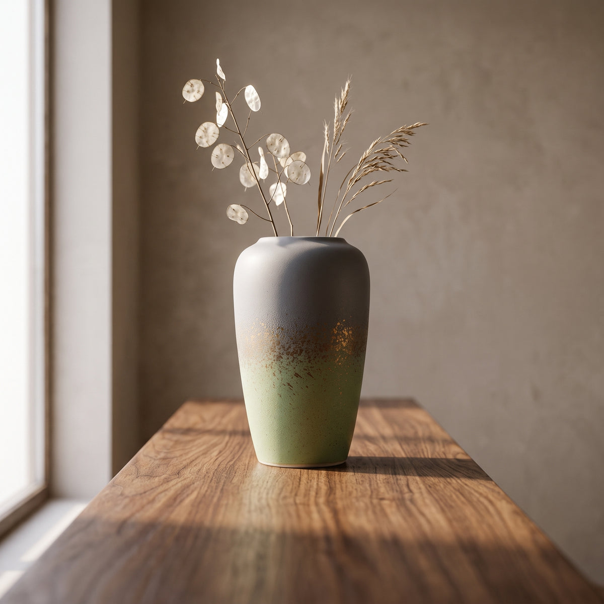 Ceramic Large Green and Grey Flower Vase By Zodiya