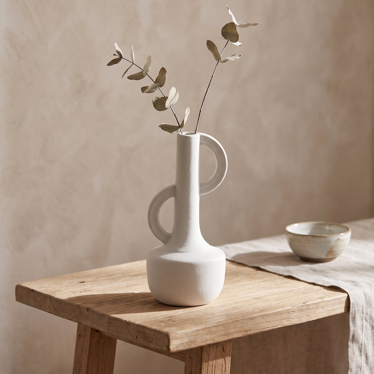 White Dual Handle Small Ceramic Vase By Zodiya
