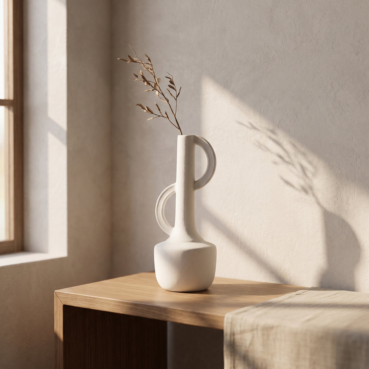 White Dual Handle Ceramic Bottle Vase By Zodiya