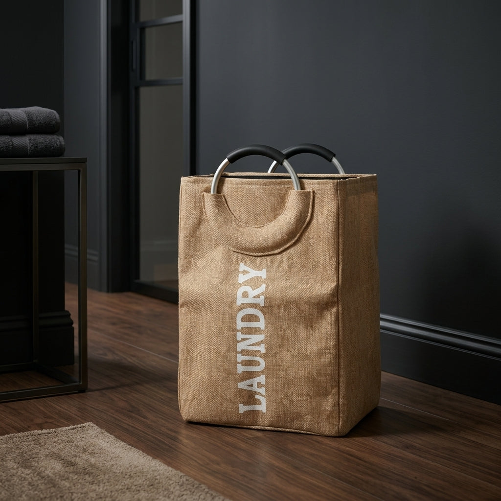 Brown Linen Laundry Bag with Ring Handles By Zodiya