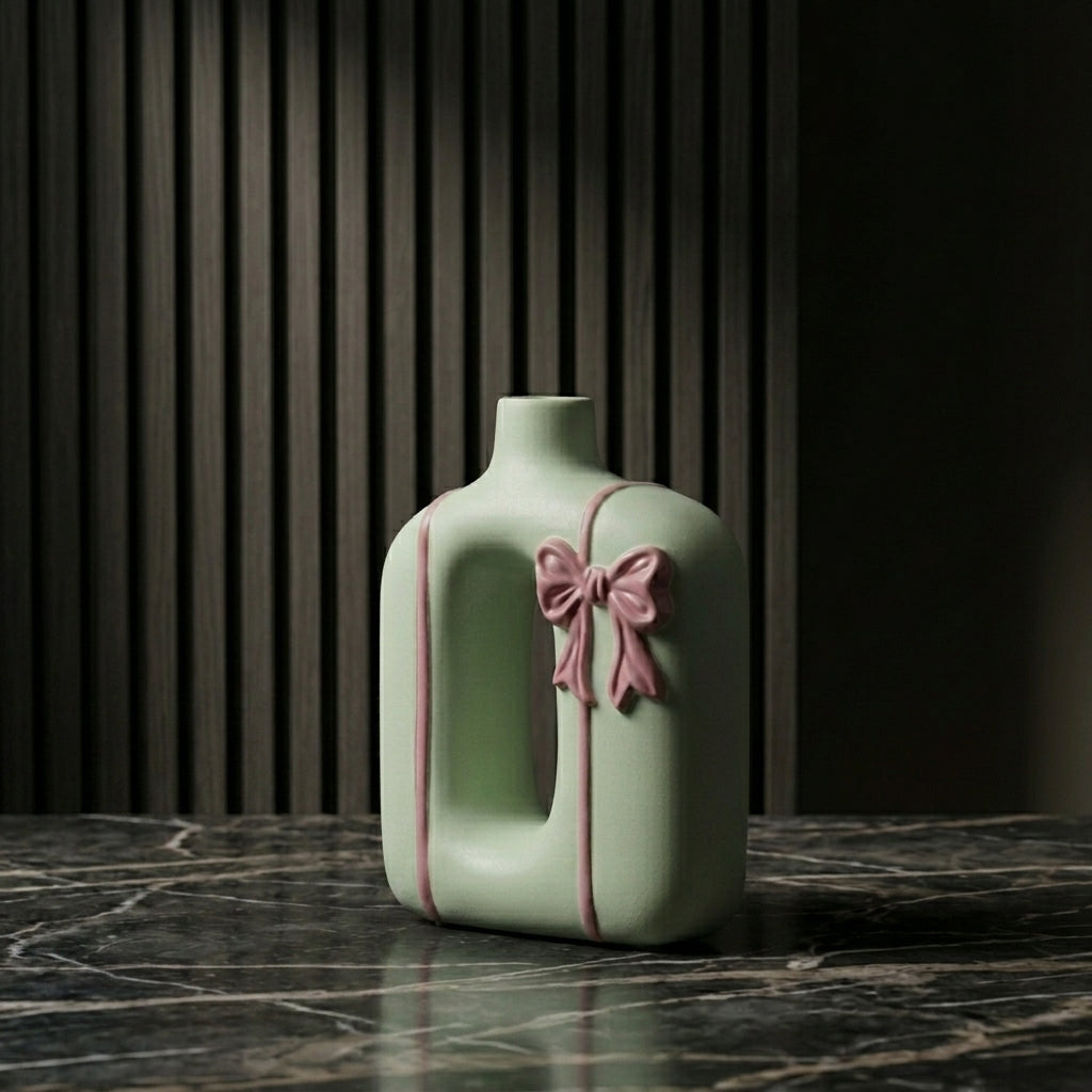 Large Ceramic Flower Vase with Pink Ribbon by Zodiya