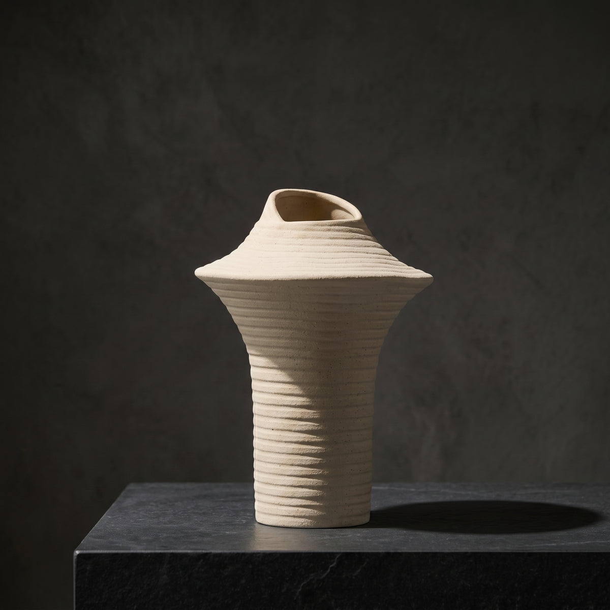 Beige Ribbed Ceramic Flower Vase by Zodiya