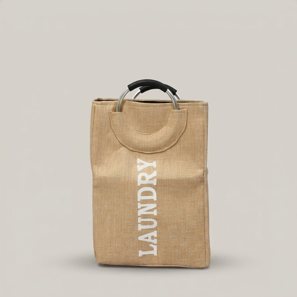 Brown Linen Laundry Bag with Ring Handles By Zodiya