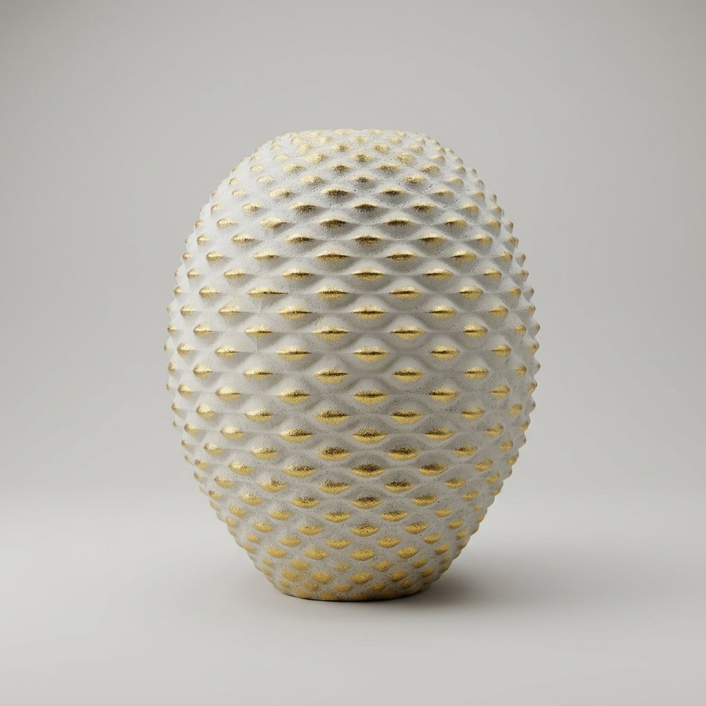 White and Gold Ceramic Flower Vase (Hobnail) By Zodiya