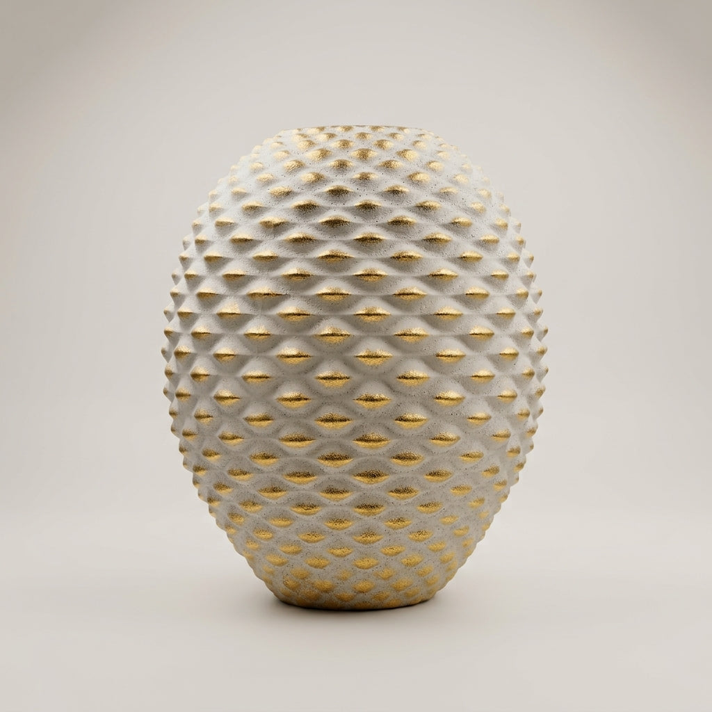 White and Gold Ceramic Flower Vase (Hobnail) By Zodiya