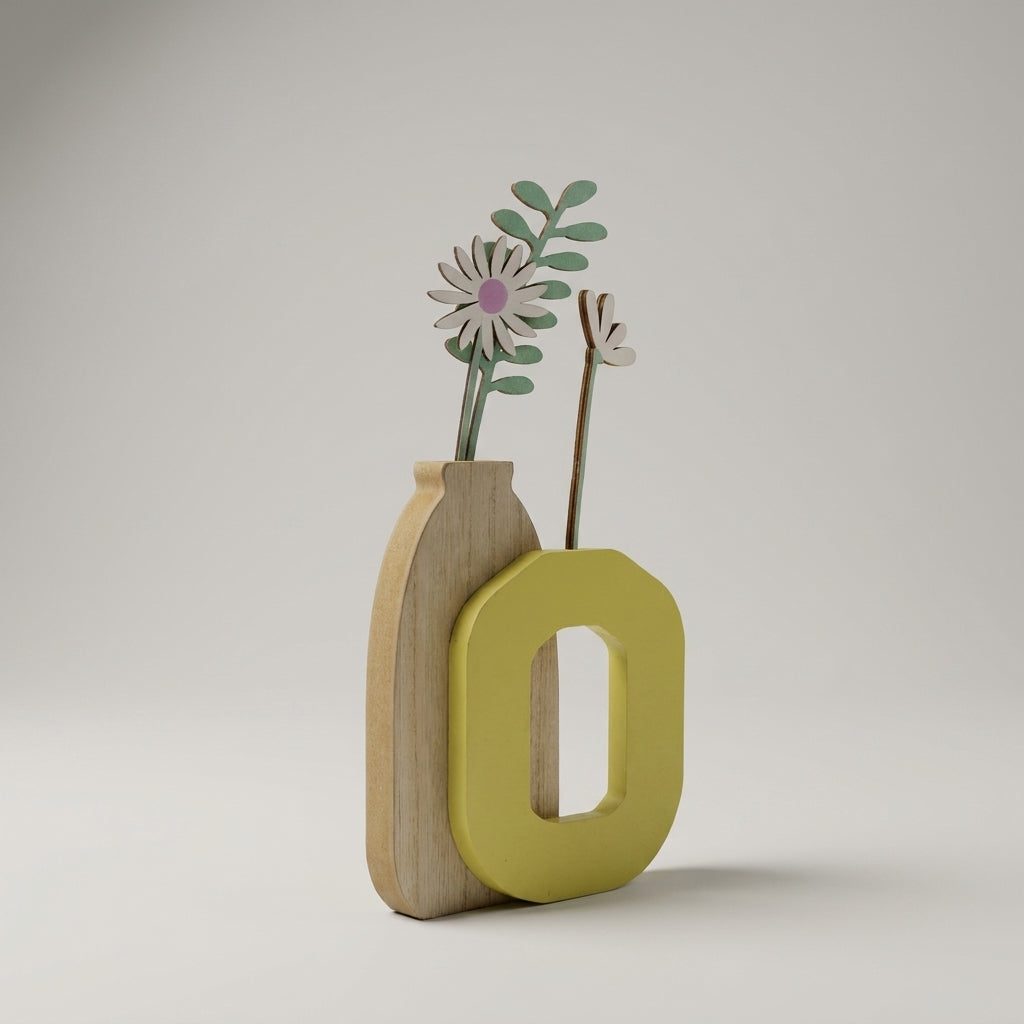 Yellow Wooden Floral Vase Wall Decor by Zodiya