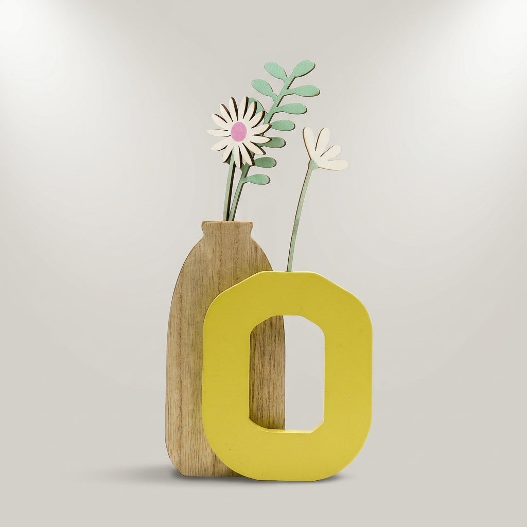 Yellow Wooden Floral Vase Wall Decor by Zodiya