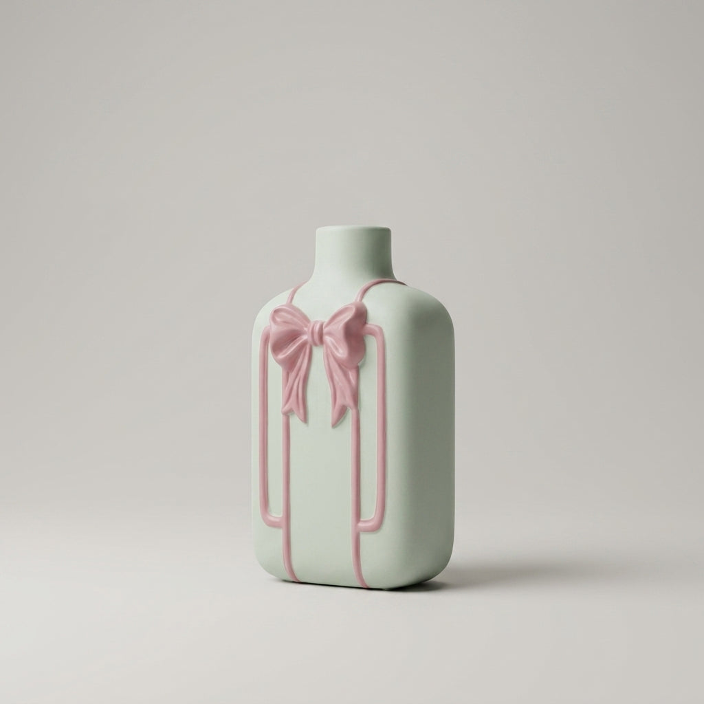 Small Ceramic Vase with Pink Ribbon Design by Zodiya